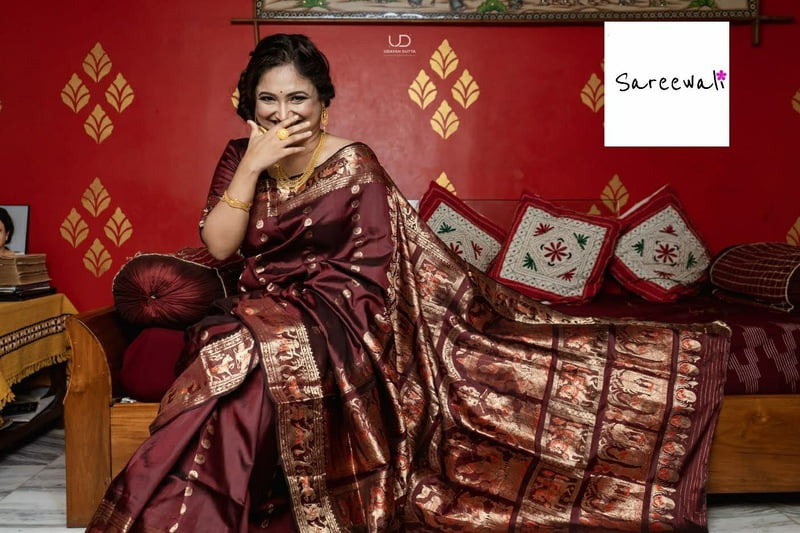 Chand buta dark brown color pure katan silk Swarnachari saree Chand buta dark brown color pure katan silk Swarnachari saree
