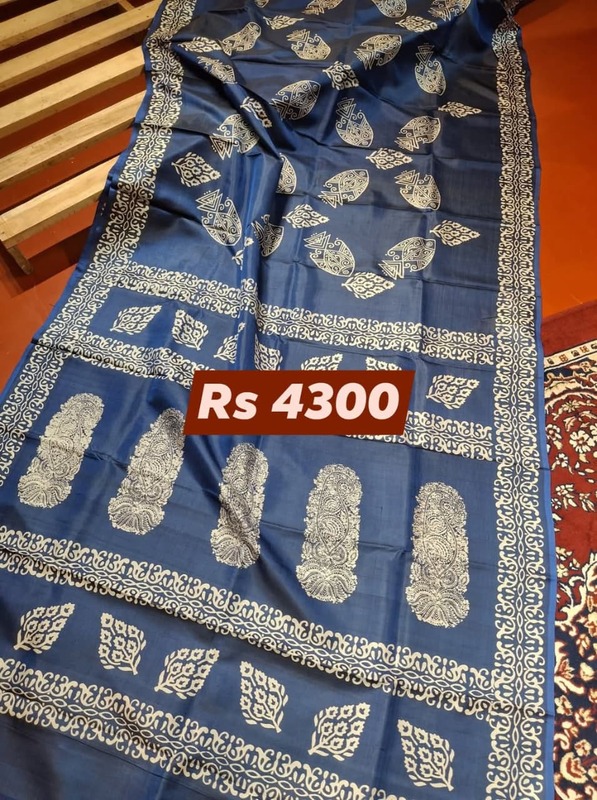 Navy Blue Hand Block Print Pure Katan Silk Navy Blue Hand Block Print Pure Katan Silk