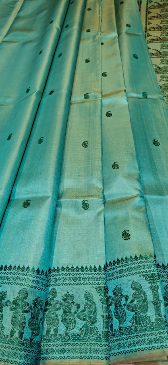 Sea green mustard dual tone body color pure Mulberry silk Baluchari saree Sea green mustard dual tone body color pure Mulberry silk Baluchari saree