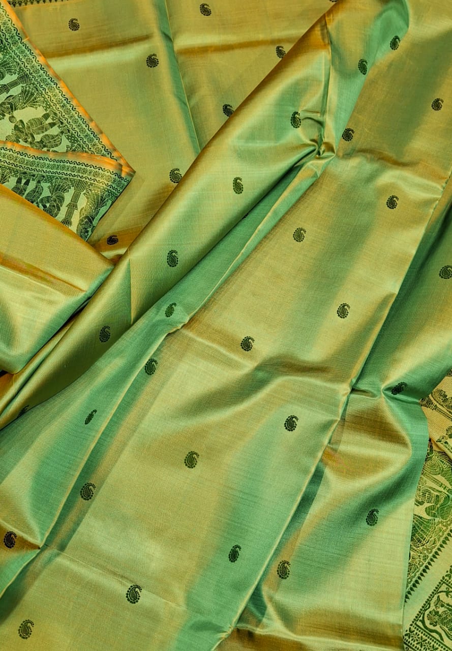 Sea green mustard dual tone body color pure Mulberry silk Baluchari saree Sea green mustard dual tone body color pure Mulberry silk Baluchari saree