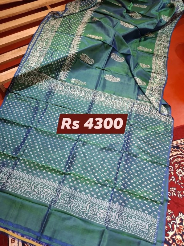 Blue Green Dual Tone Hand Block Print Pure Katan Silk Blue Green Dual Tone Hand Block Print Pure Katan Silk