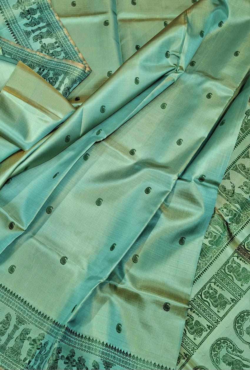 Sea green mustard dual tone body color pure Mulberry silk Baluchari saree Sea green mustard dual tone body color pure Mulberry silk Baluchari saree