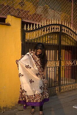 Silk white and purple floral print dupatta on pure Mulberry silk