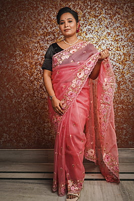 Bright pink pure organza silk saree Bright pink pure organza silk saree