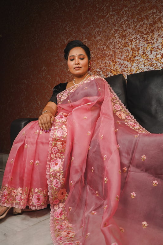 Bright pink pure organza silk saree Bright pink pure organza silk saree