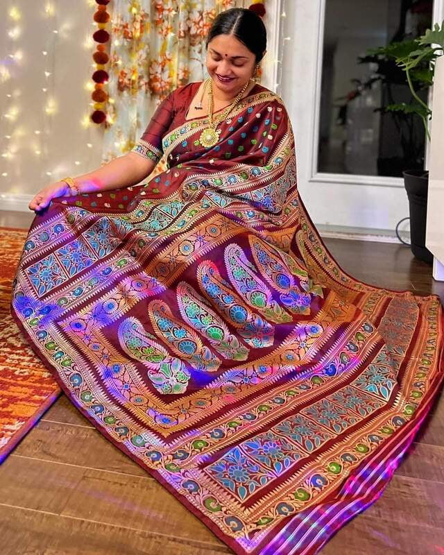 Garnet color pure katan silk revival Baluchari saree Garnet color pure katan silk revival Baluchari saree