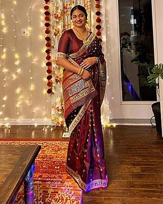 Garnet color pure katan silk revival Baluchari saree Garnet color pure katan silk revival Baluchari saree