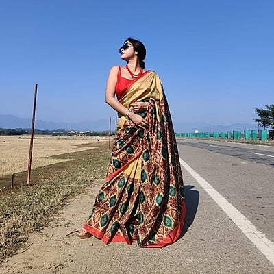 Hand block print golden beige saree on pure Mulberry silk or Bishnupur katan Hand block print golden beige saree on pure Mulberry silk or Bishnupur katan