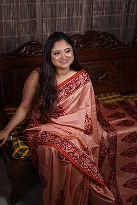 Peach color hand block print on pure Mulberry, katan silk (ss) Peach color hand block print on pure Mulberry, katan silk (ss)