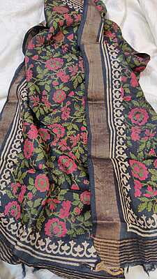 Black all over multi color block print tassar dupatta.
