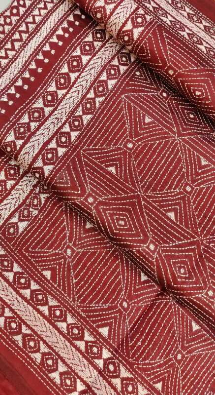 Dark Maroon hand kantha stitch on pure mulberry silk Dark Maroon hand kantha stitch on pure mulberry silk