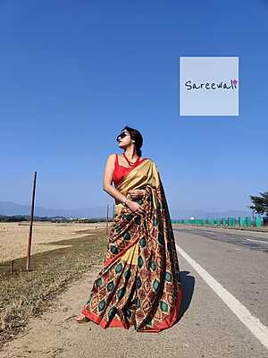 Hand block print golden beige saree on pure Mulberry silk or Bishnupur katan Hand block print golden beige saree on pure Mulberry silk or Bishnupur katan