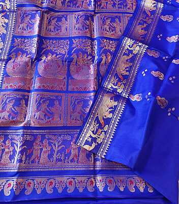 Figure motif Royal blue color pure Mulberry silk Swarnachari Figure motif Royal blue color pure Mulberry silk Swarnachari