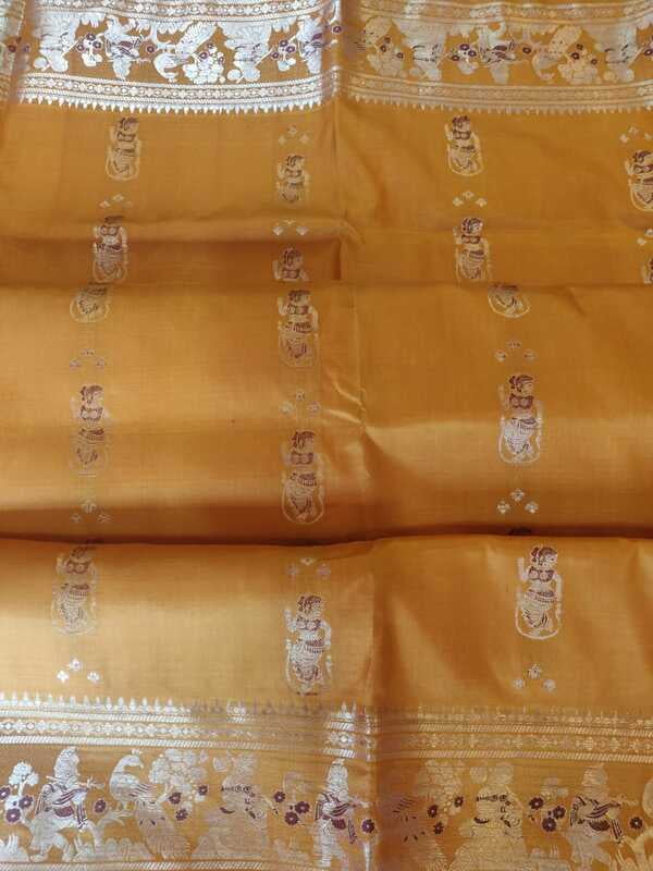 mustard Light yellow color figure motif pure mulberry silk swarnachari mustard Light yellow color figure motif pure mulberry silk swarnachari
