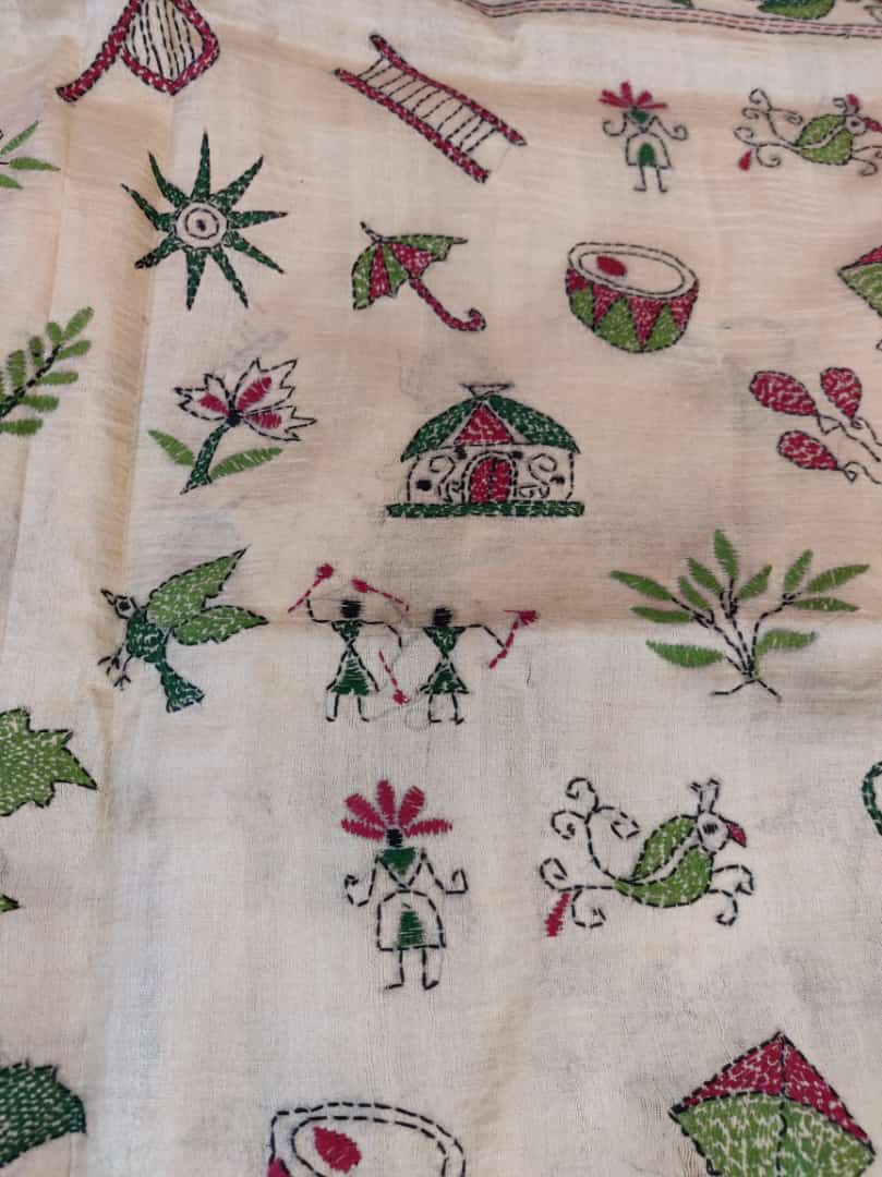 Tassar hand kantha stitch saree
