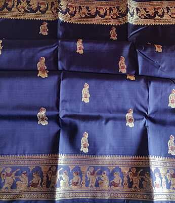 Ink blue color figure motif swarnachari saree on pure Mulberry silk with Maroon meena Ink blue color figure motif swarnachari saree on pure Mulberry silk with Maroon meena