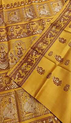 Yellow color brown figure figure motif with white meena work pure katan silk Baluchari Yellow color brown figure figure motif with white meena work pure katan silk Baluchari