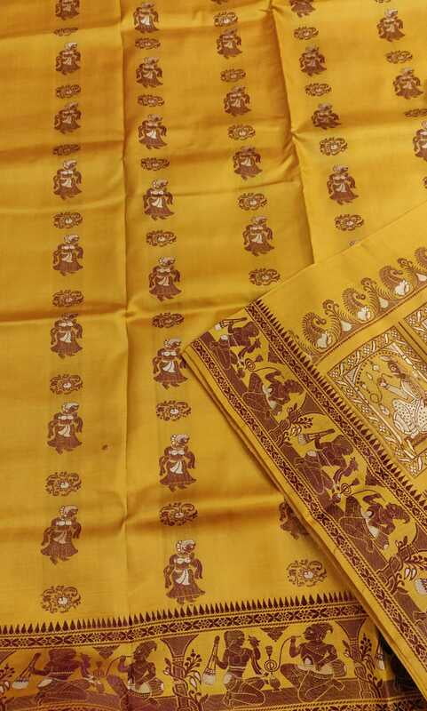 Yellow color brown figure figure motif with white meena work pure katan silk Baluchari Yellow color brown figure figure motif with white meena work pure katan silk Baluchari