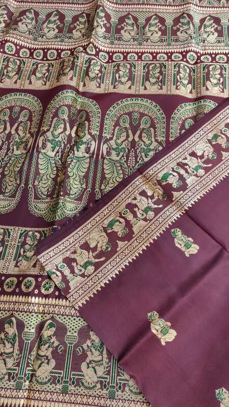 Dark onion pink color figure motif with light green meena on pure Mulberry silk Dark onion pink color figure motif with light green meena on pure Mulberry silk