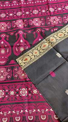Black Baluchari with rani pink, white and red meena on pure mulberry silk Black Baluchari with rani pink, white and red meena on pure mulberry silk