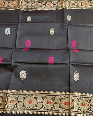 Black Baluchari with rani pink, white and red meena on pure mulberry silk Black Baluchari with rani pink, white and red meena on pure mulberry silk