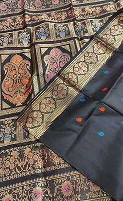 Black multiple color meena work revival baluchari on pure Mulberry silk