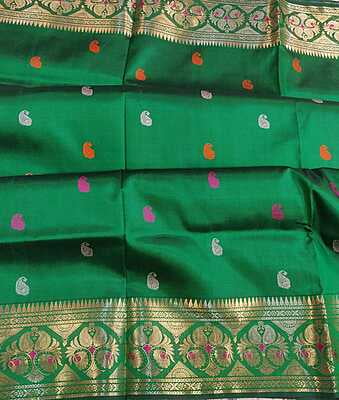 Emerald green multiple color meena work pure Mulberry silk Revival Baluchari saree Emerald green multiple color meena work pure Mulberry silk Revival Baluchari saree