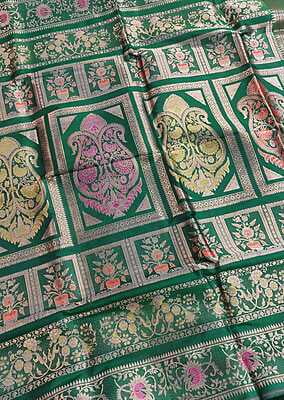 Emerald green multiple color meena work pure Mulberry silk Revival Baluchari saree Emerald green multiple color meena work pure Mulberry silk Revival Baluchari saree