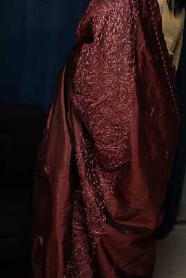 Chocolate color hand Kashmiri aari stitch on pure Mulberry silk Chocolate color hand Kashmiri aari stitch on pure Mulberry silk