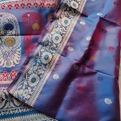 Rani pink and Blue dual tone Revival Baluchari