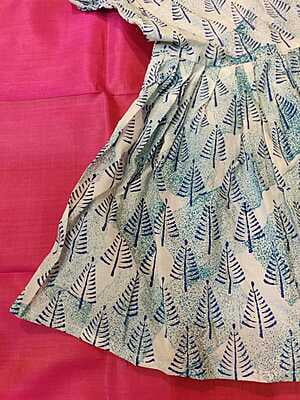 Soft cotton frock with hand block print on blue and white combination