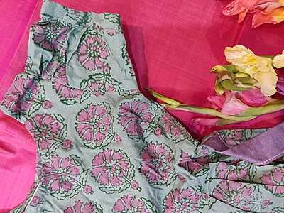 Grey and light pink hand block printed frock in Cambric cotton
