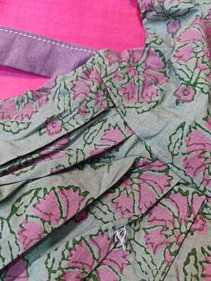 Grey and light pink hand block printed frock in Cambric cotton