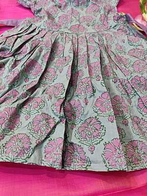 Grey and light pink hand block printed frock in Cambric cotton