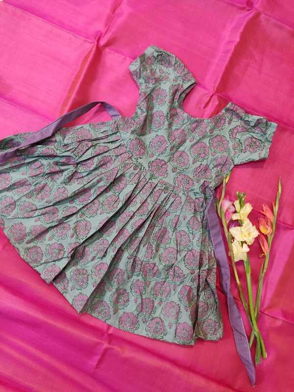Grey and light pink hand block printed frock in Cambric cotton
