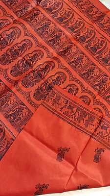 Orange figure motif pure mulberry silk Baluchari saree Orange figure motif pure mulberry silk Baluchari saree