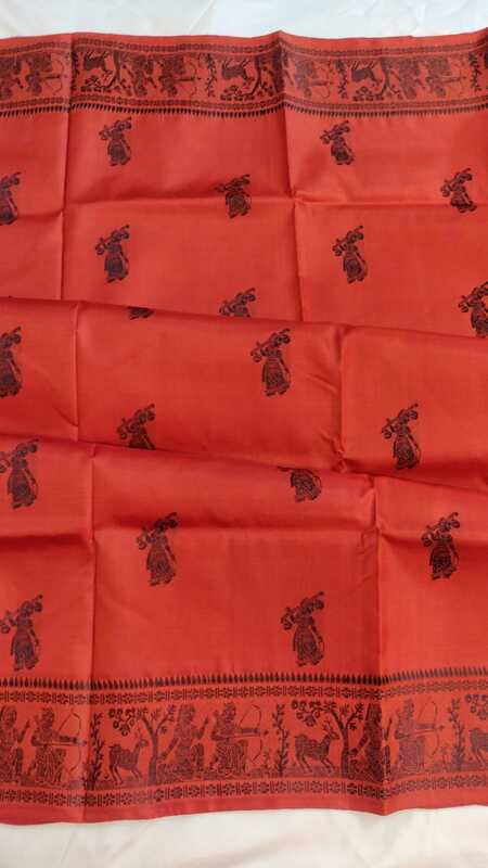 Orange figure motif pure mulberry silk Baluchari saree Orange figure motif pure mulberry silk Baluchari saree