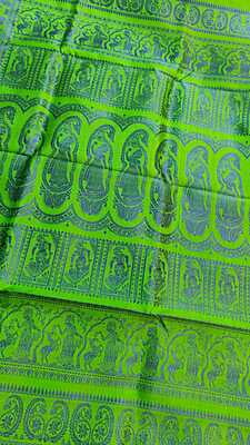 Parrot green color pure mulberry silk figure motif Baluchari saree Parrot green color pure mulberry silk figure motif Baluchari saree