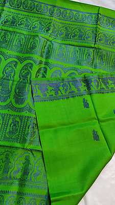 Parrot green color pure mulberry silk figure motif Baluchari saree Parrot green color pure mulberry silk figure motif Baluchari saree