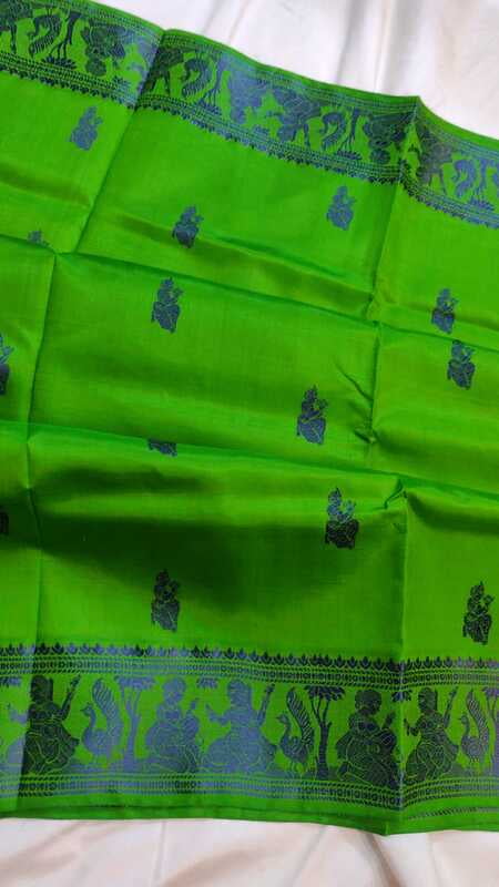 Parrot green color pure mulberry silk figure motif Baluchari saree Parrot green color pure mulberry silk figure motif Baluchari saree