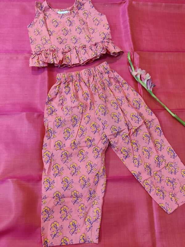 Co-ord set in unique pink and yellow hand block print combination