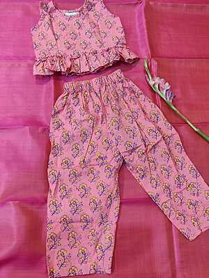 Co-ord set with unique hand block print pattern pink and yellow