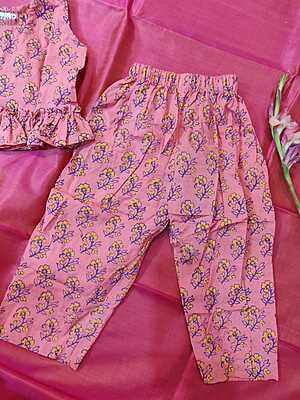Co-ord set with unique hand block print pattern pink and yellow