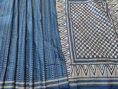 Blue color  hand kantha work with white single color thread on pure Bangalore silk