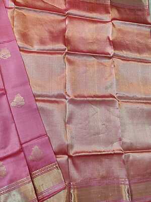 Rose pink color pure Mulberry silk flower motif Swarnachari saree Rose pink color pure Mulberry silk flower motif Swarnachari saree