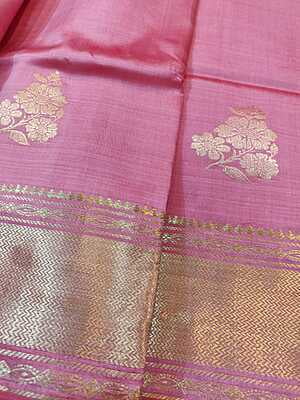 Rose pink color pure Mulberry silk flower motif Swarnachari saree Rose pink color pure Mulberry silk flower motif Swarnachari saree