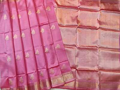 Rose pink color pure Mulberry silk flower motif Swarnachari saree