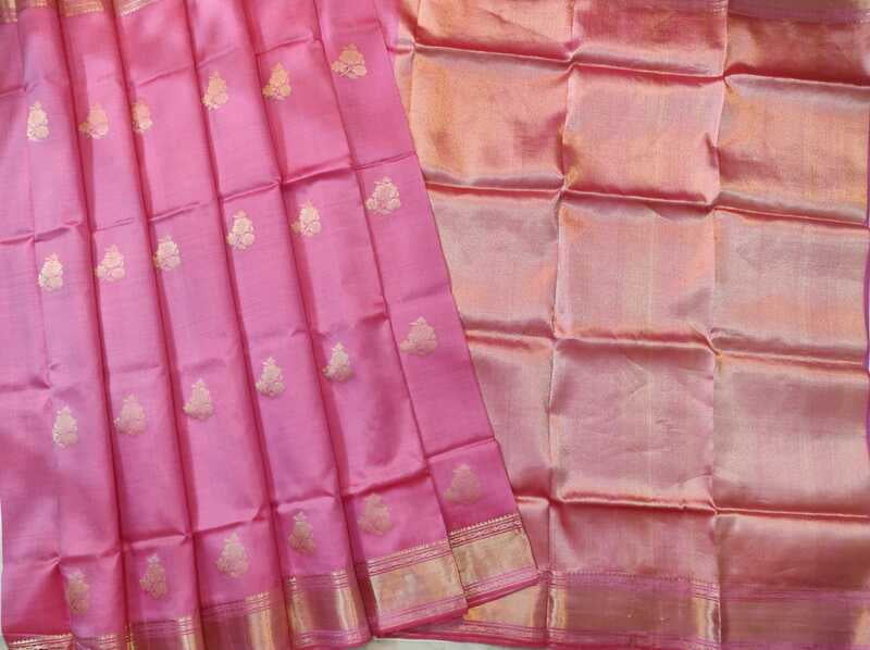 Rose pink color pure Mulberry silk flower motif Swarnachari saree Rose pink color pure Mulberry silk flower motif Swarnachari saree