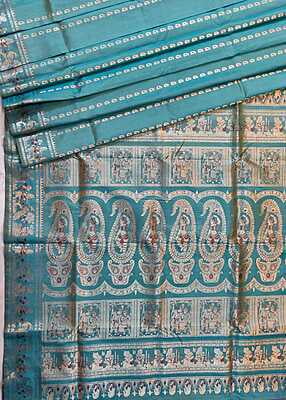 Sea green and Mustard dual tone pure Mulberry silk Swarnachari saree