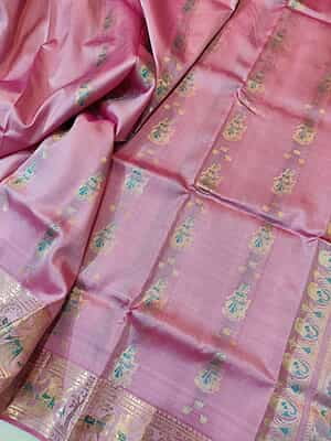Pastel pink with light green meena workpure Mulberry silk Swarnachari saree Pastel pink with light green meena workpure Mulberry silk Swarnachari saree